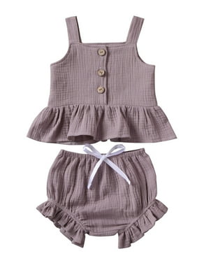 Kuriozud Toddler Baby Girl Ruffle Vest Halter Top Shorts with Bowknot 2 Piece Summer Outfits